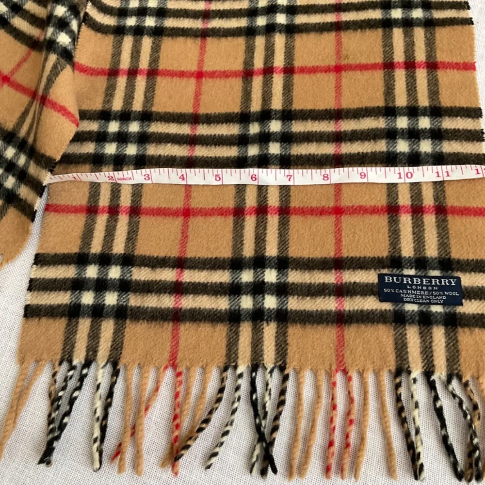 •Burberry London Classic Nova Check Plaid Wool Cashmere Fringed Scarf 56”x12”